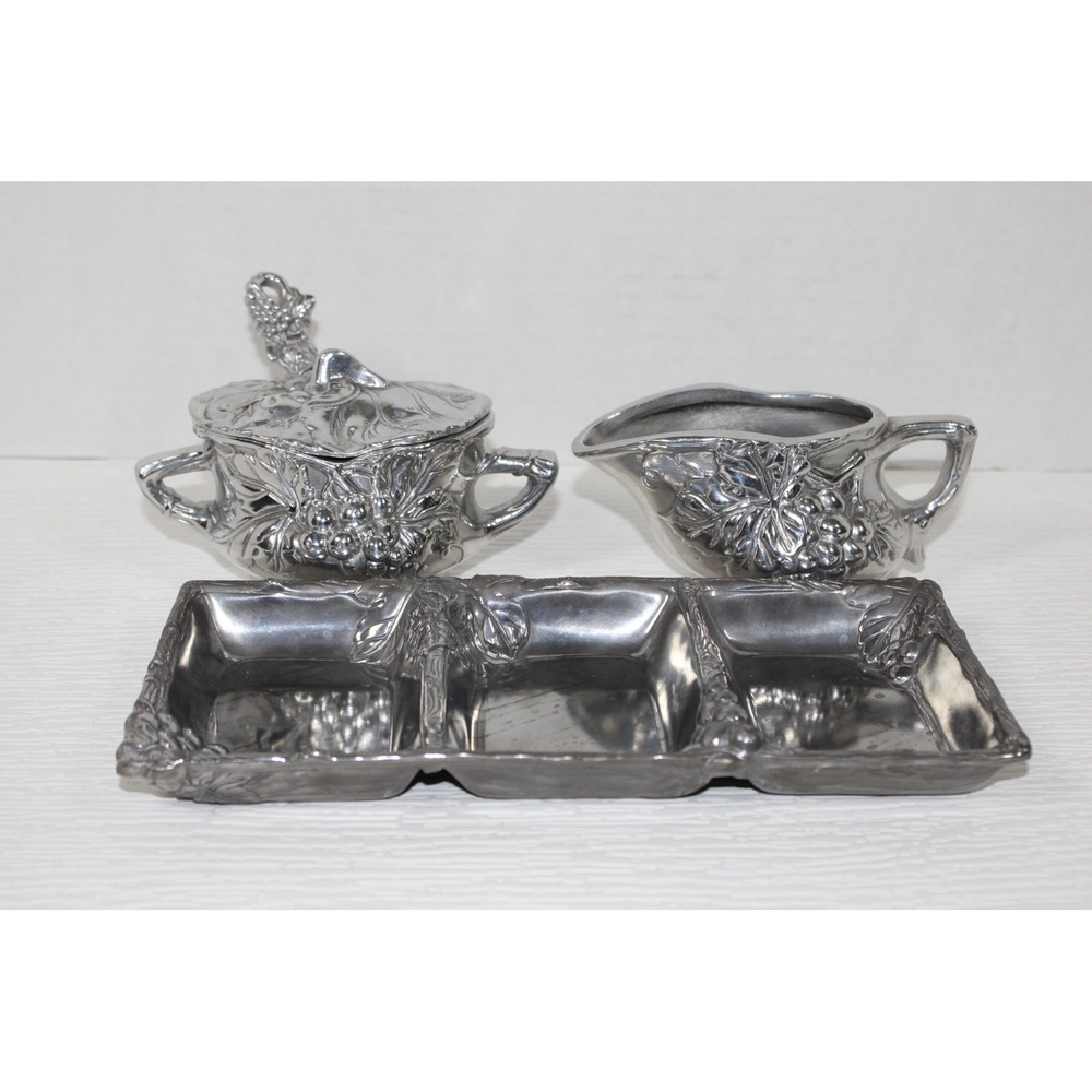 Arthur Court Grape Pattern Aluminum Condiment Tray Sugar Bowl Creamer Set S0187